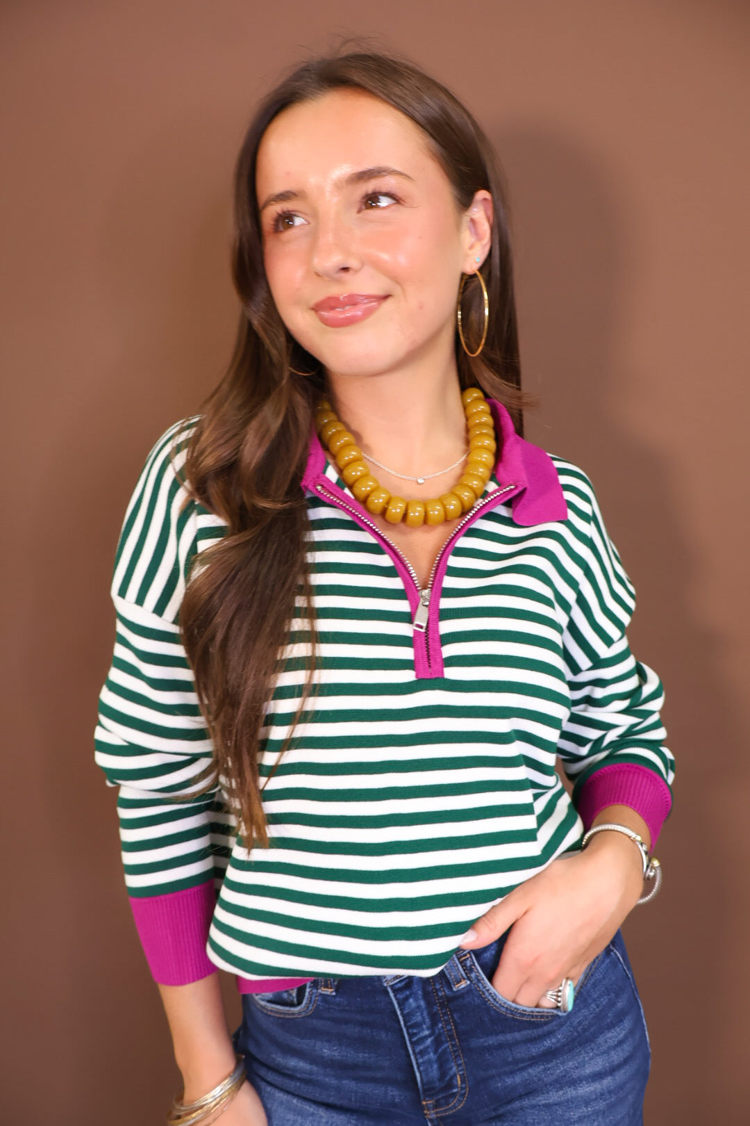 Green & Cream Striped Quarter-Zip Sweater With Pink Trim