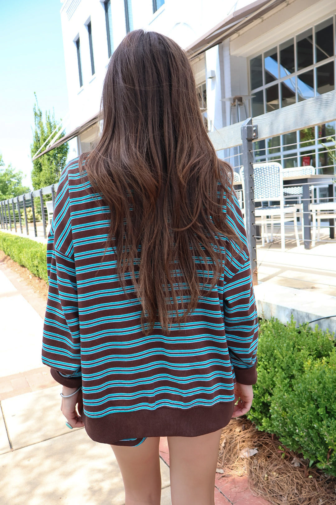 Brown & Teal Stripe Cardigan Shorts Set