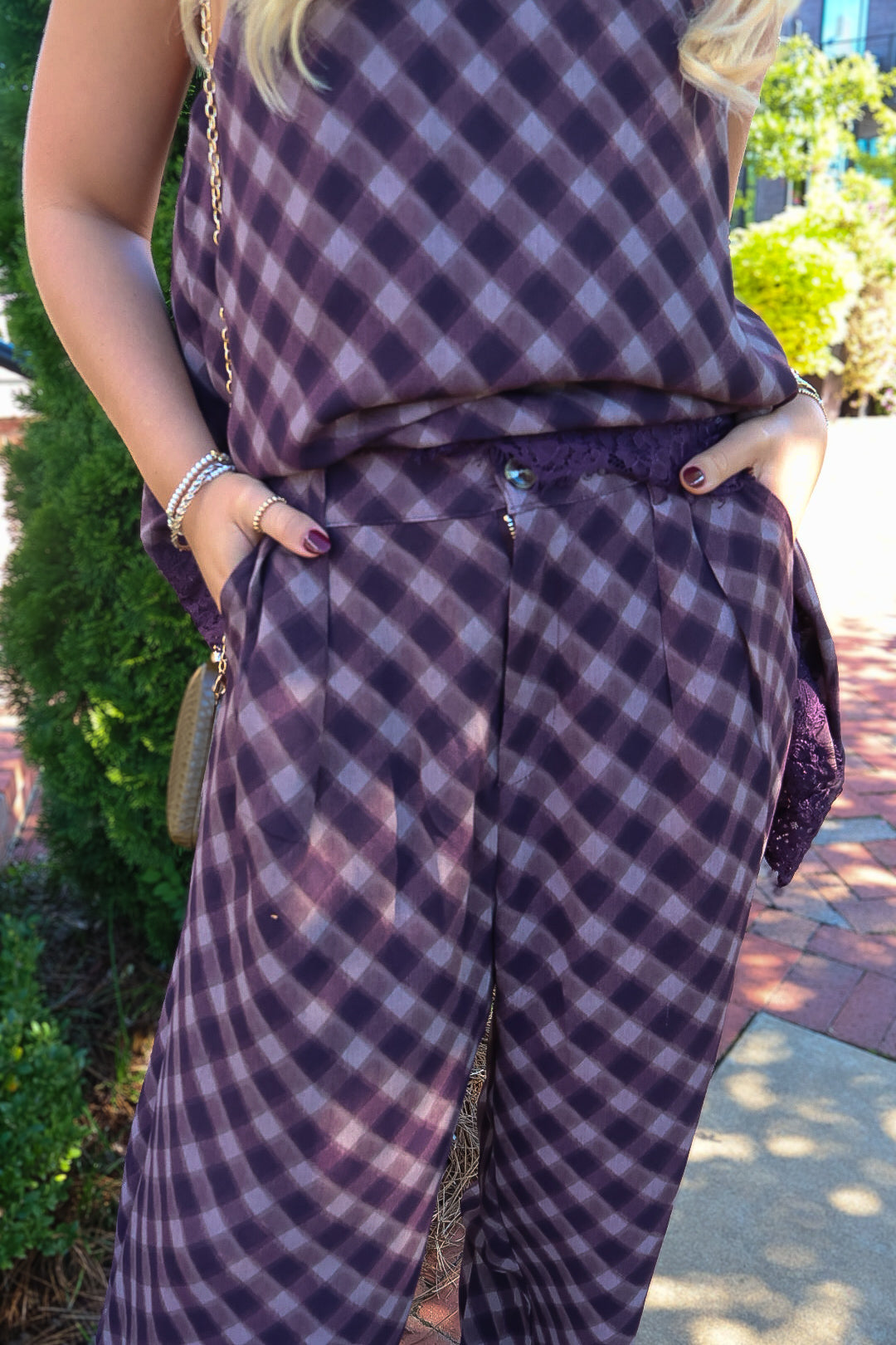 Plum Plaid Asymmetrical Top & Wide Leg Pants Set