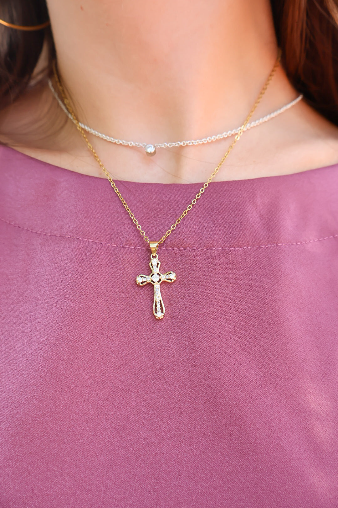Gold Crystal Cross Pendant Necklace