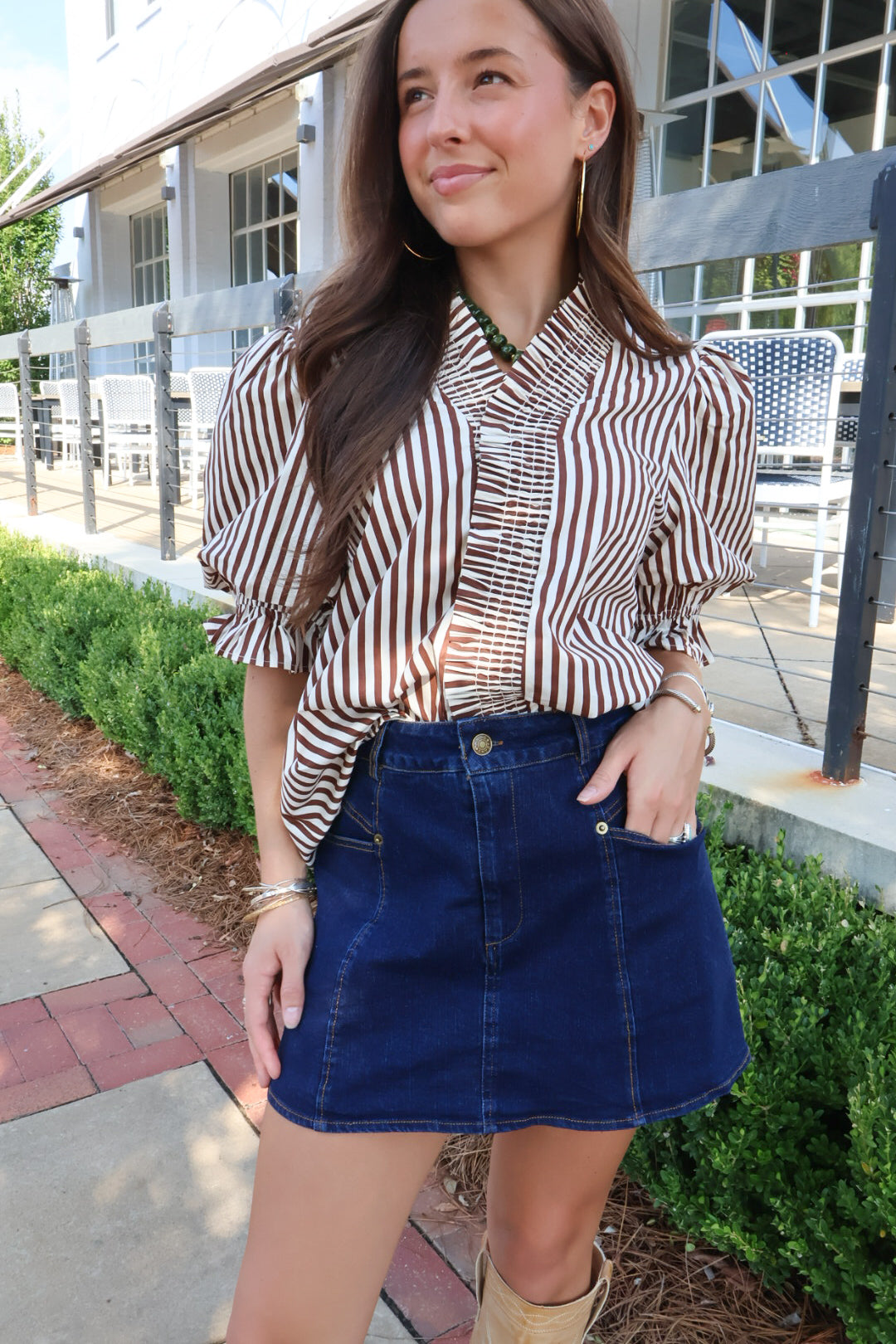 Brown & White Stripe Puff Sleeve Top