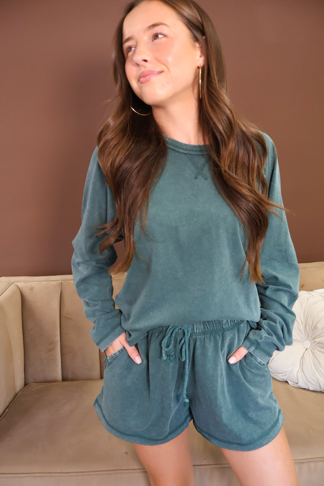 Washed Green Long Sleeve Top & Shorts Set