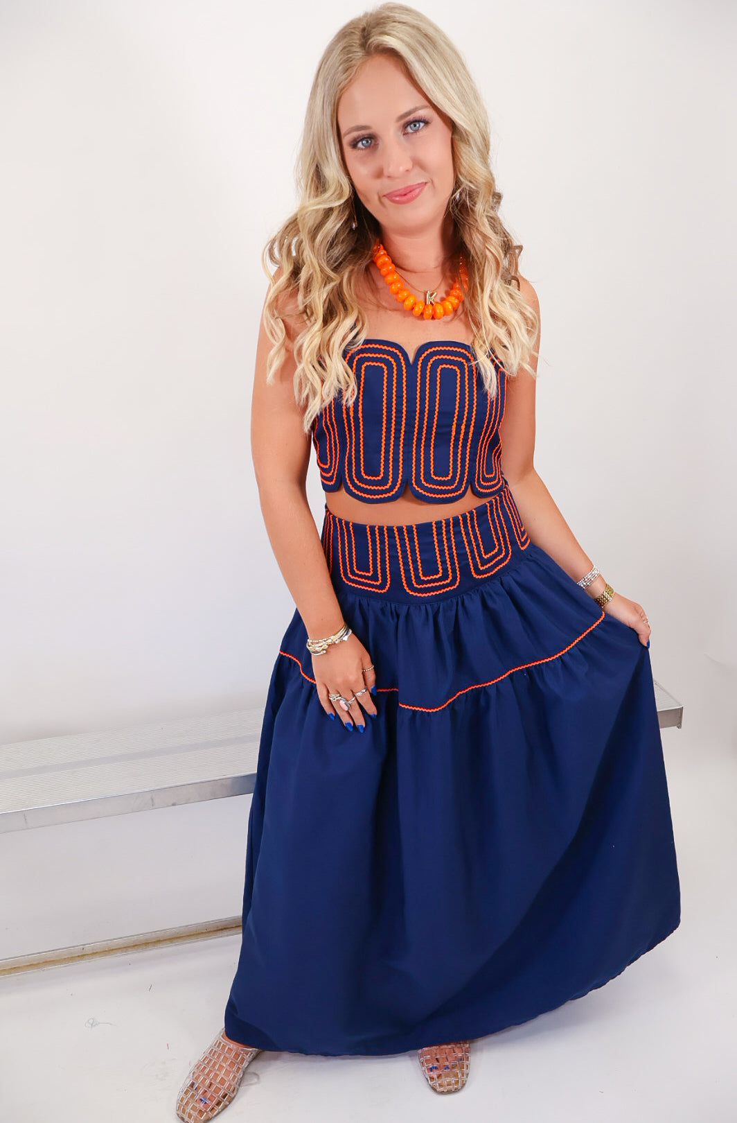 Navy & Orange Trimmed Crop Top & Midi Skirt Set