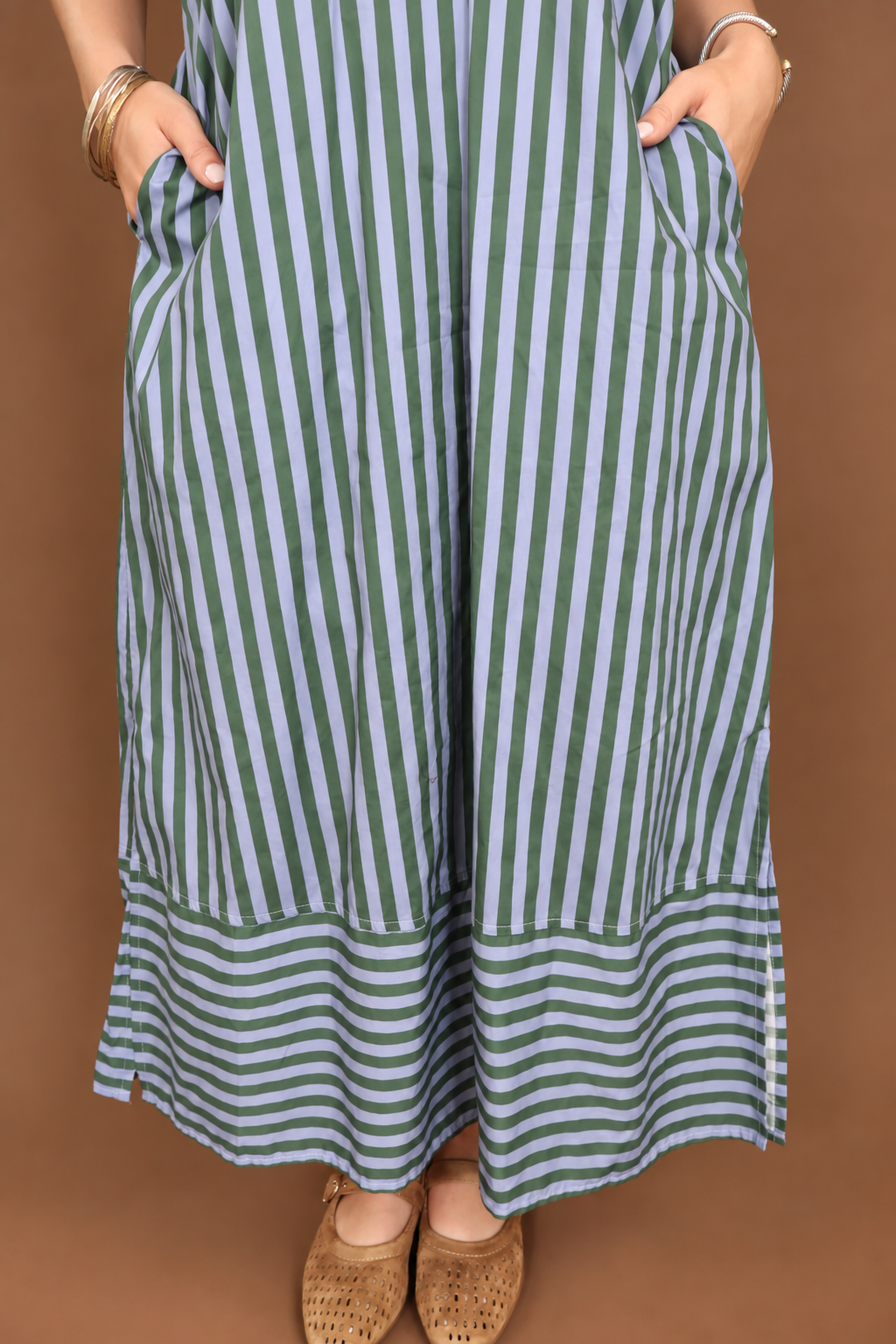 Blue Green Striped Midi Dress