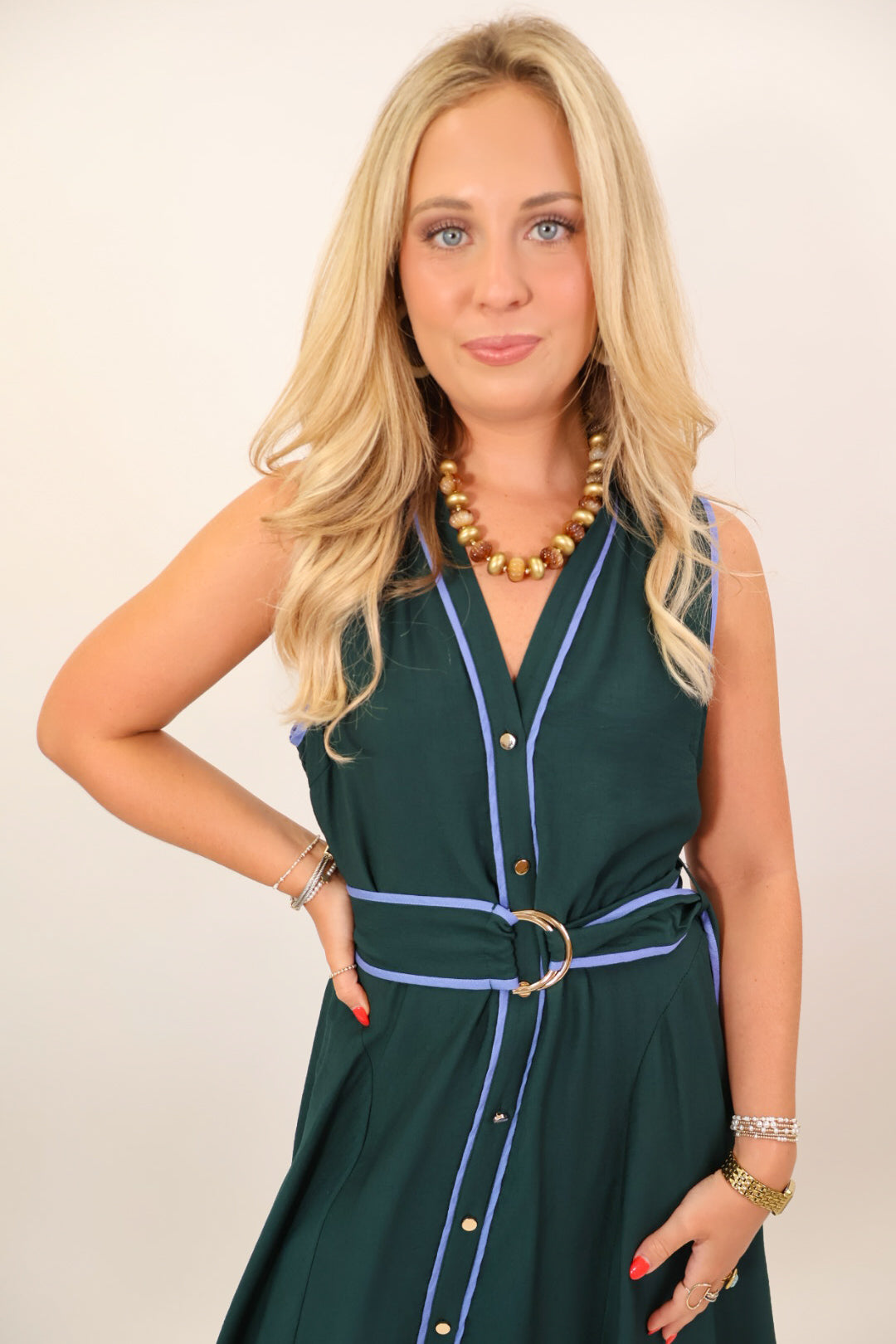 Green Contrast Trim Midi Dress