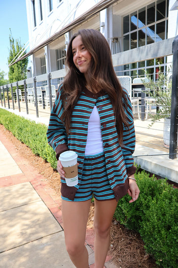 Brown & Teal Stripe Cardigan Shorts Set
