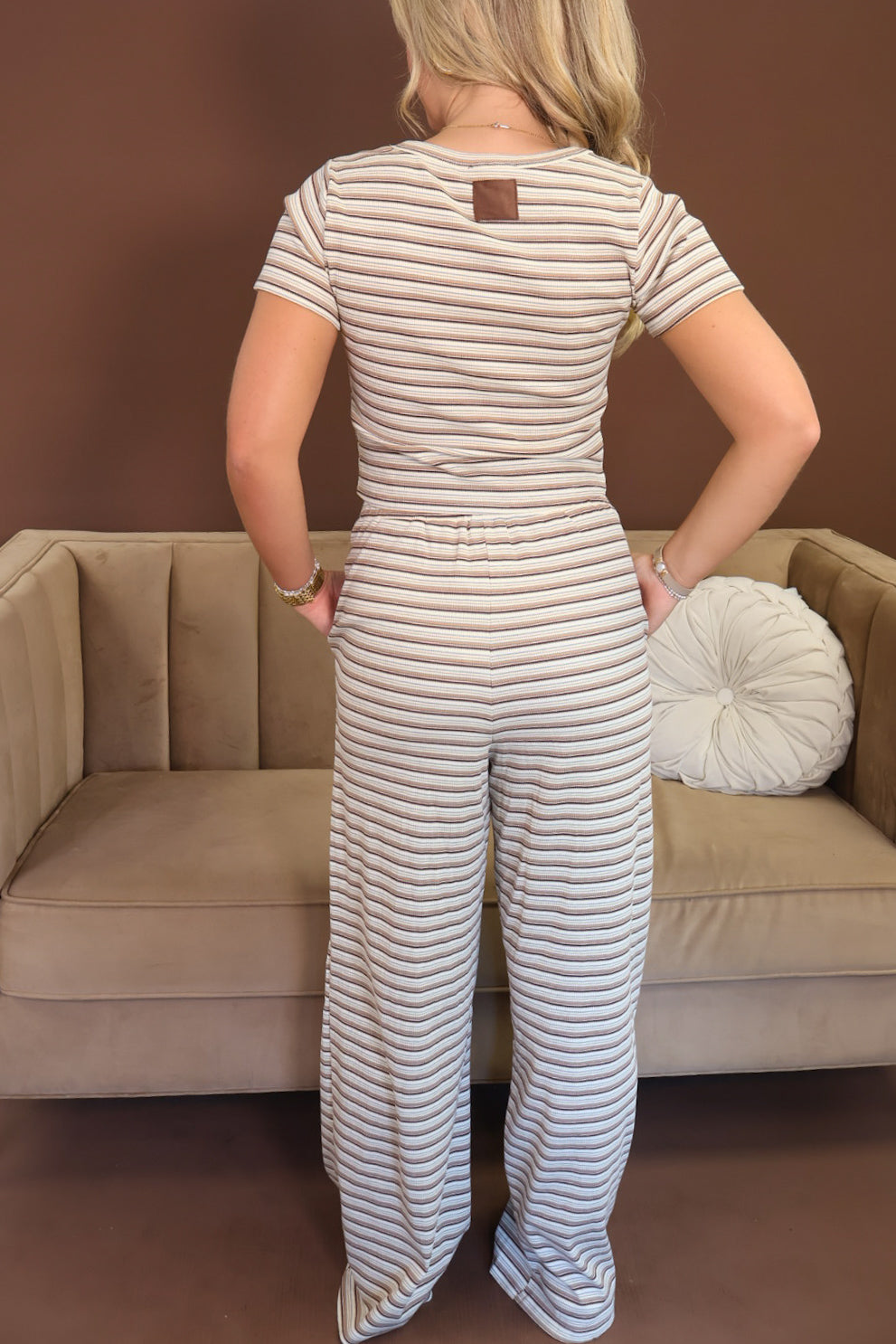 Striped Fitted Tee & Wide Leg Pants Set with Patch Accent