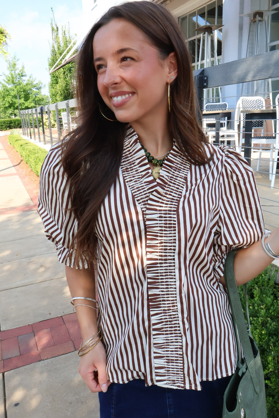 Brown & White Stripe Puff Sleeve Top