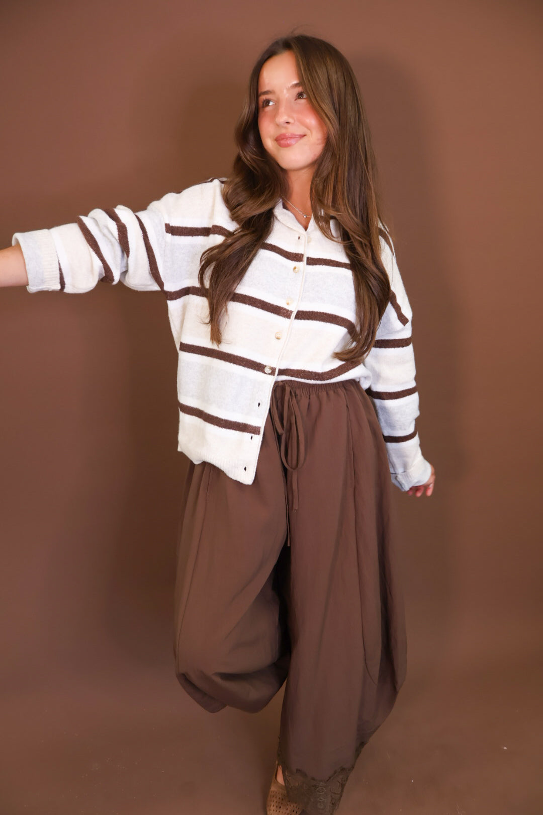 Gray & Brown Striped Button-Up Cardigan