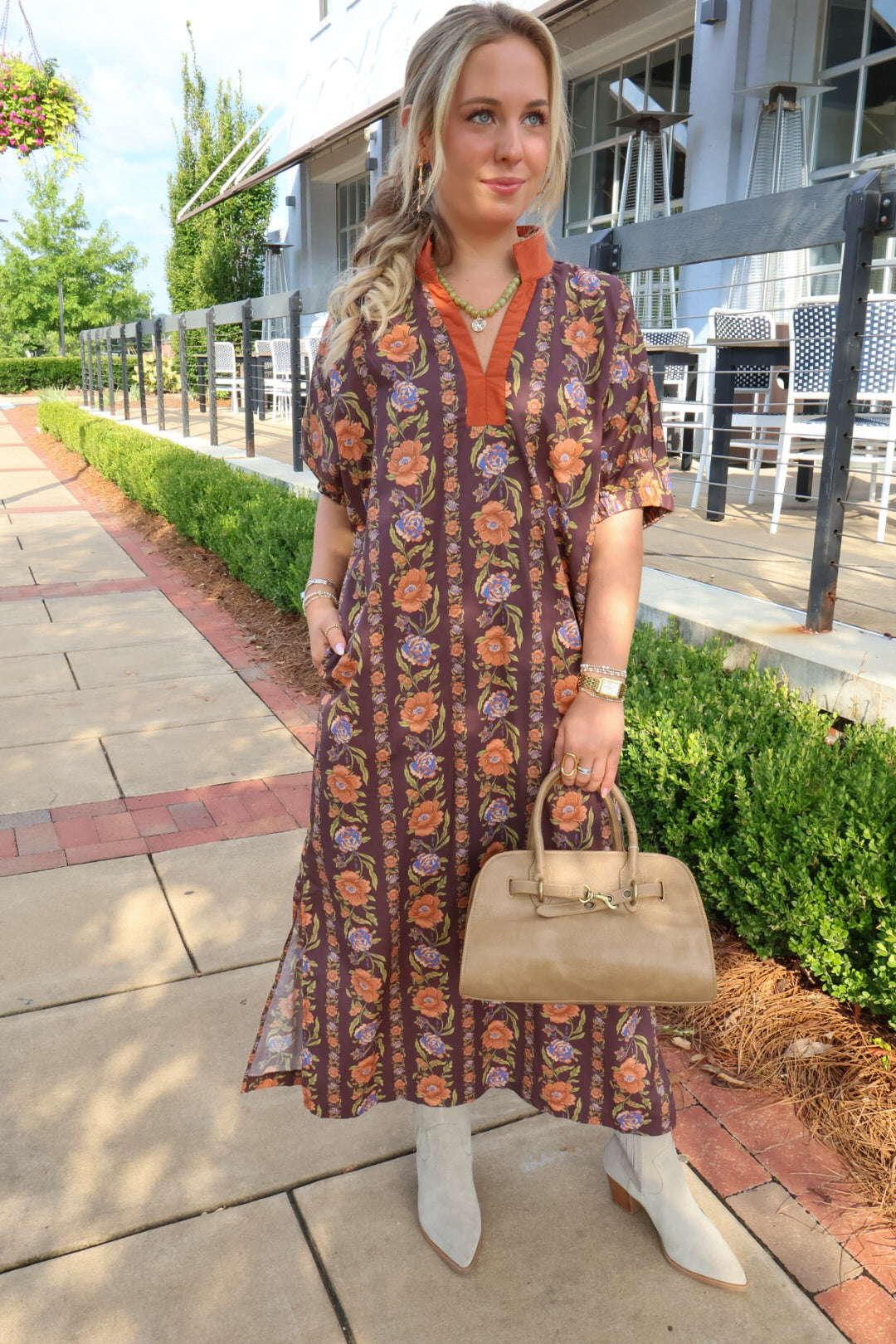 Brown & Orange Floral Midi Dress