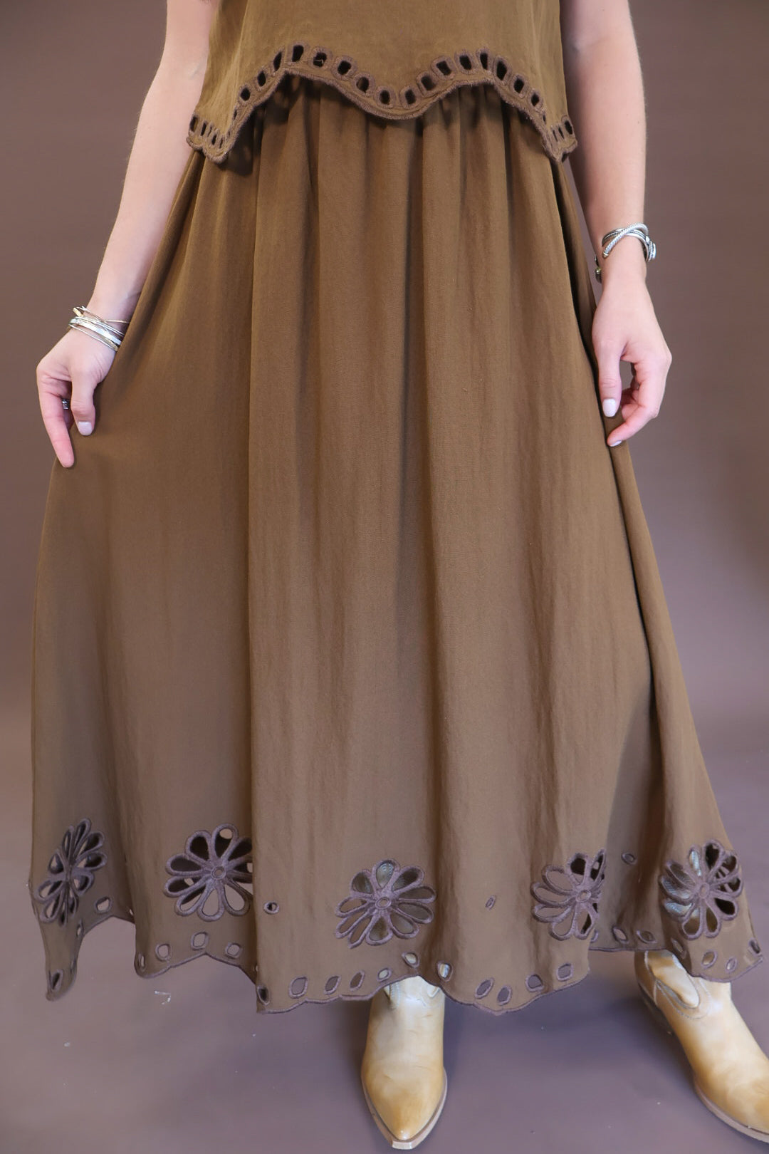 Chocolate Eyelet Cutout Boxy Top & Skirt Set