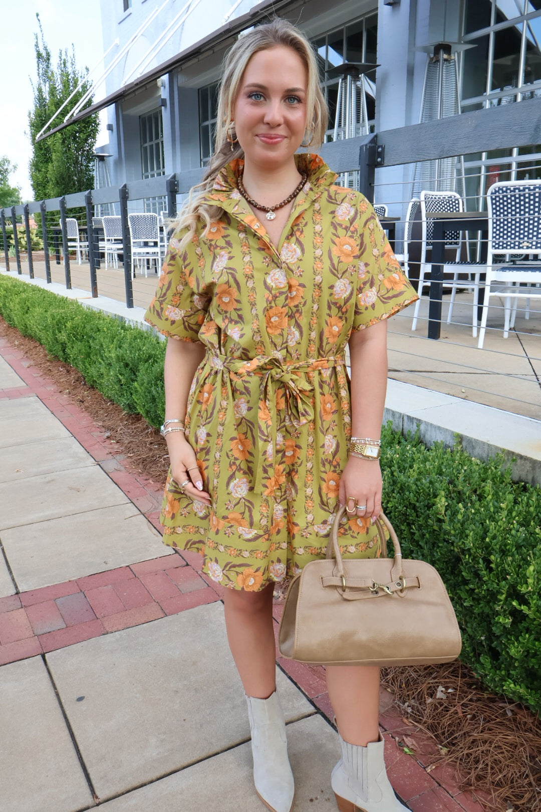 Green & Orange Floral Tie-Front Dress