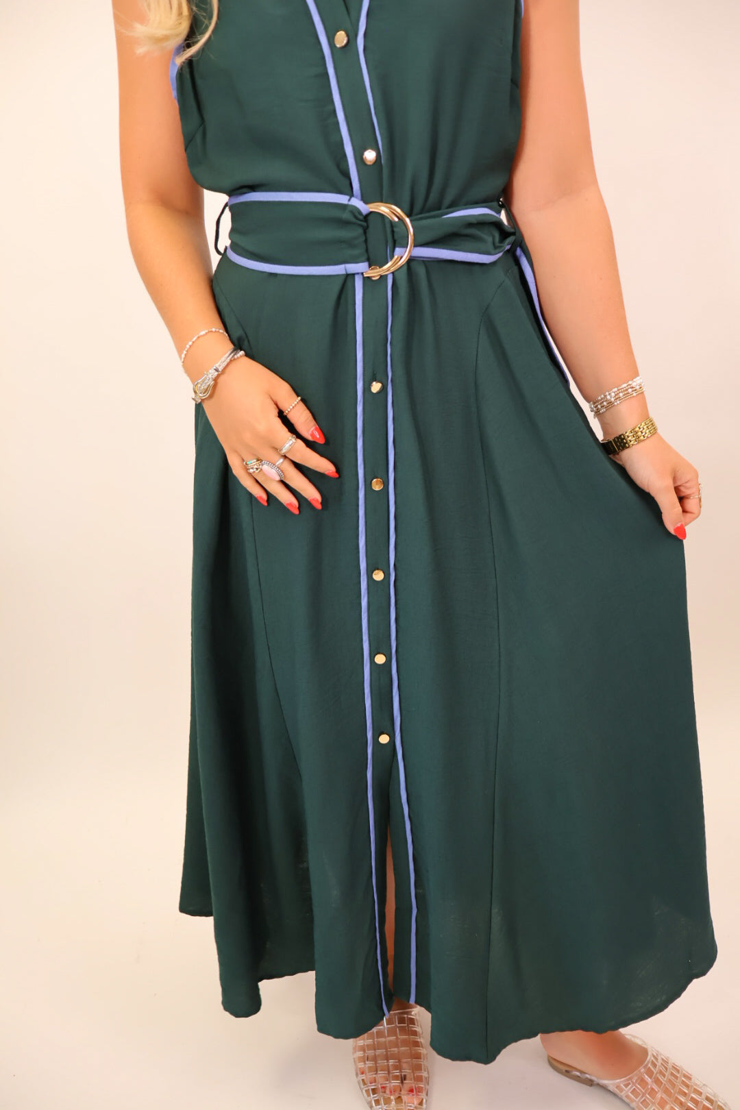 Green Contrast Trim Midi Dress