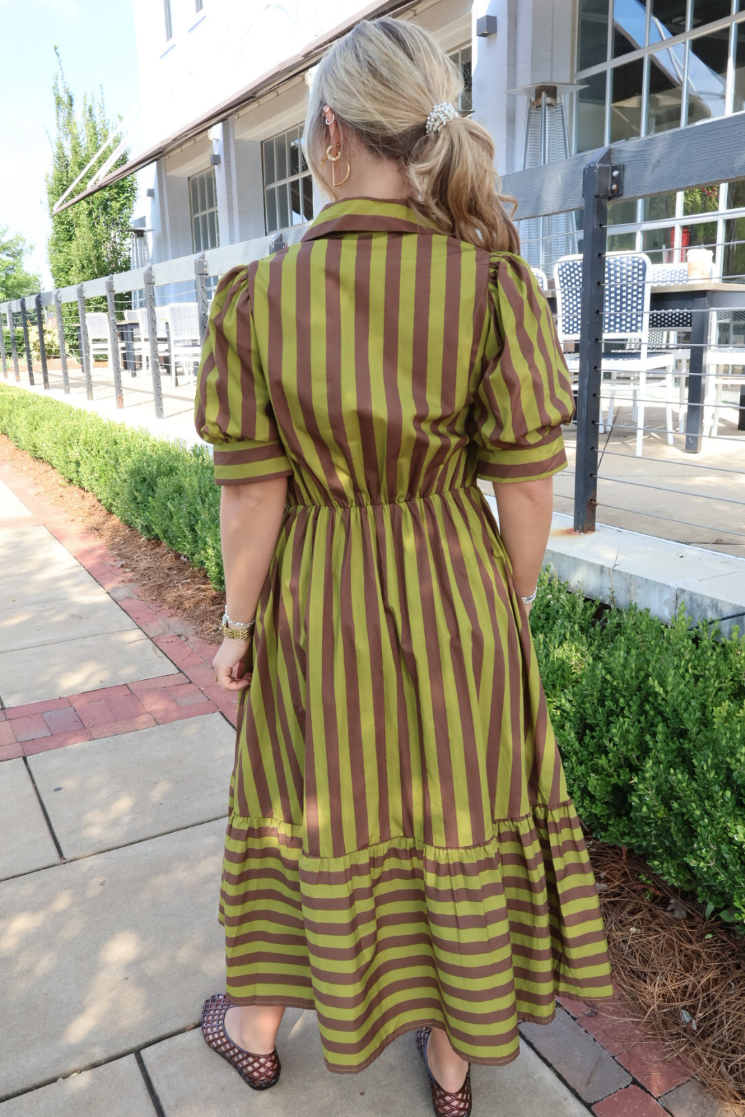 Martini Olive Stripe Puff Sleeve Dress