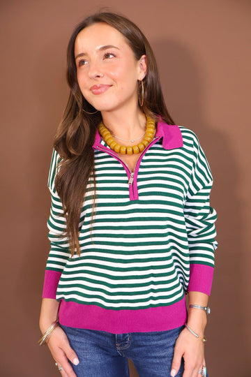 Green & Cream Striped Quarter-Zip Sweater With Pink Trim