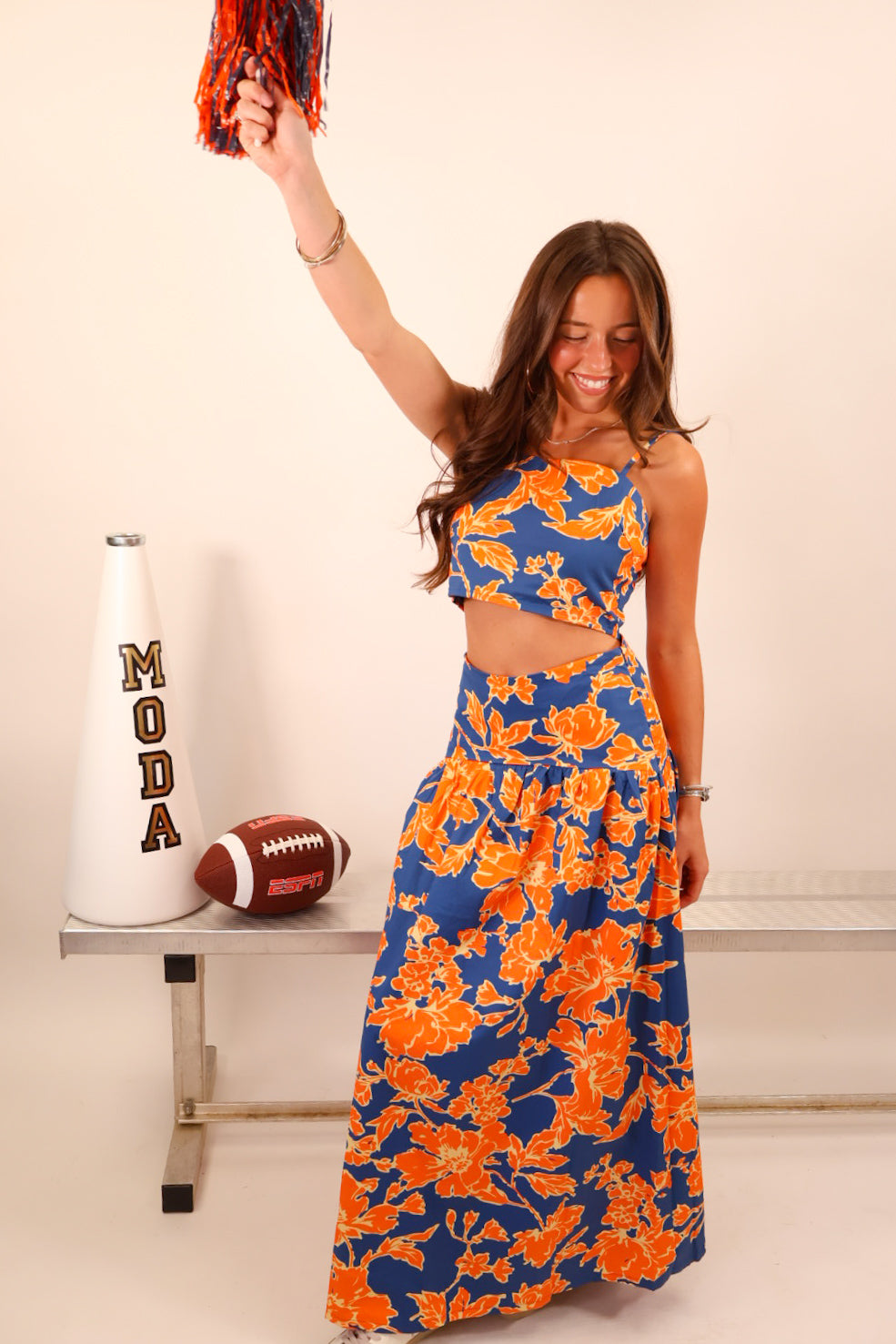 Blue & Orange Floral Top & Midi Skirt Set