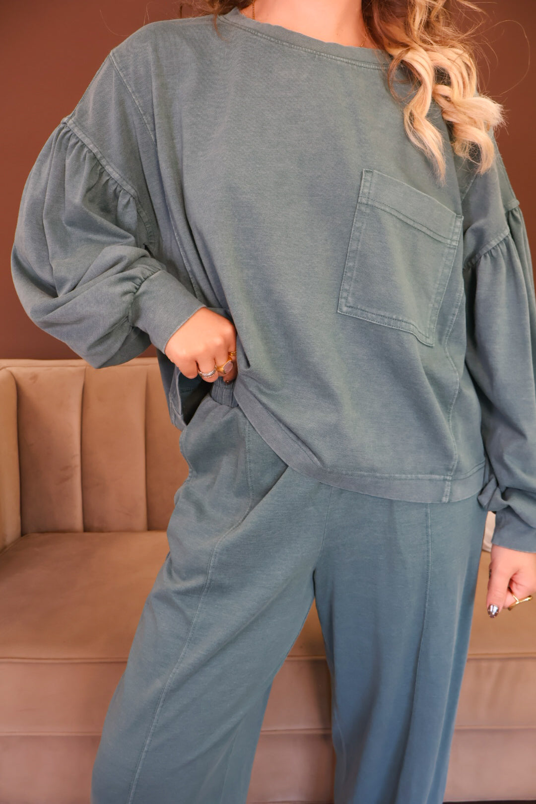 Dusty Teal Boxy Pocket Top & Jogger Pants Set
