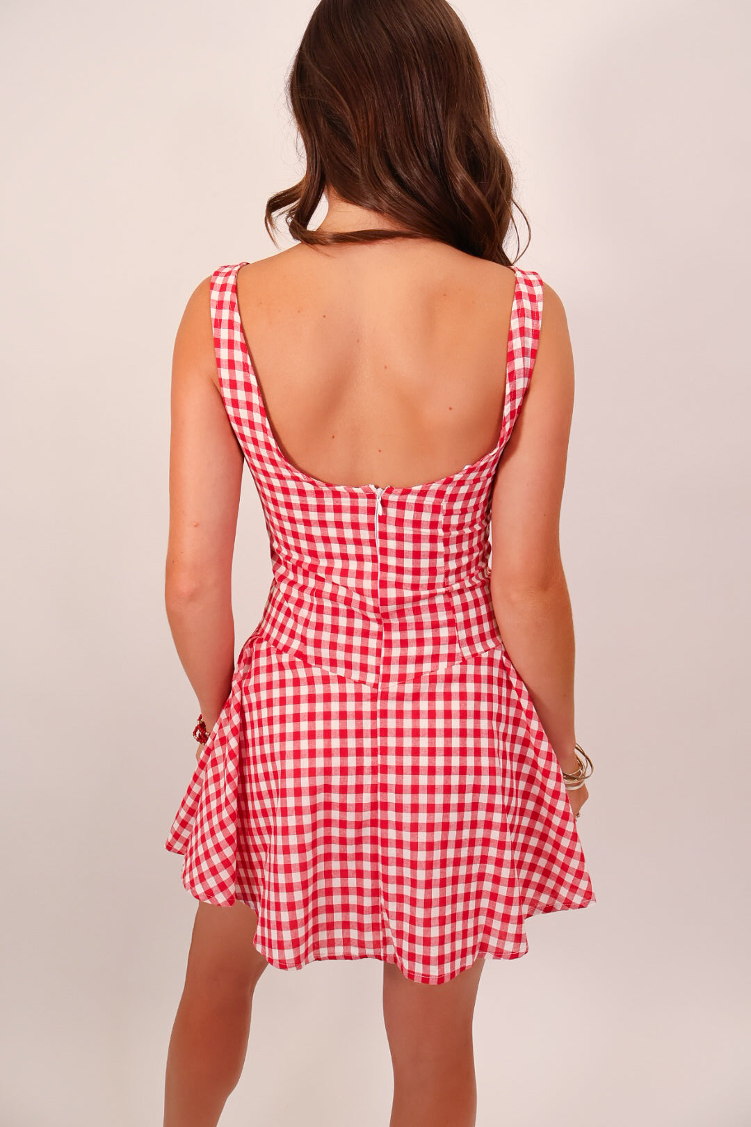 Red Gingham Scoop Back Mini Dress