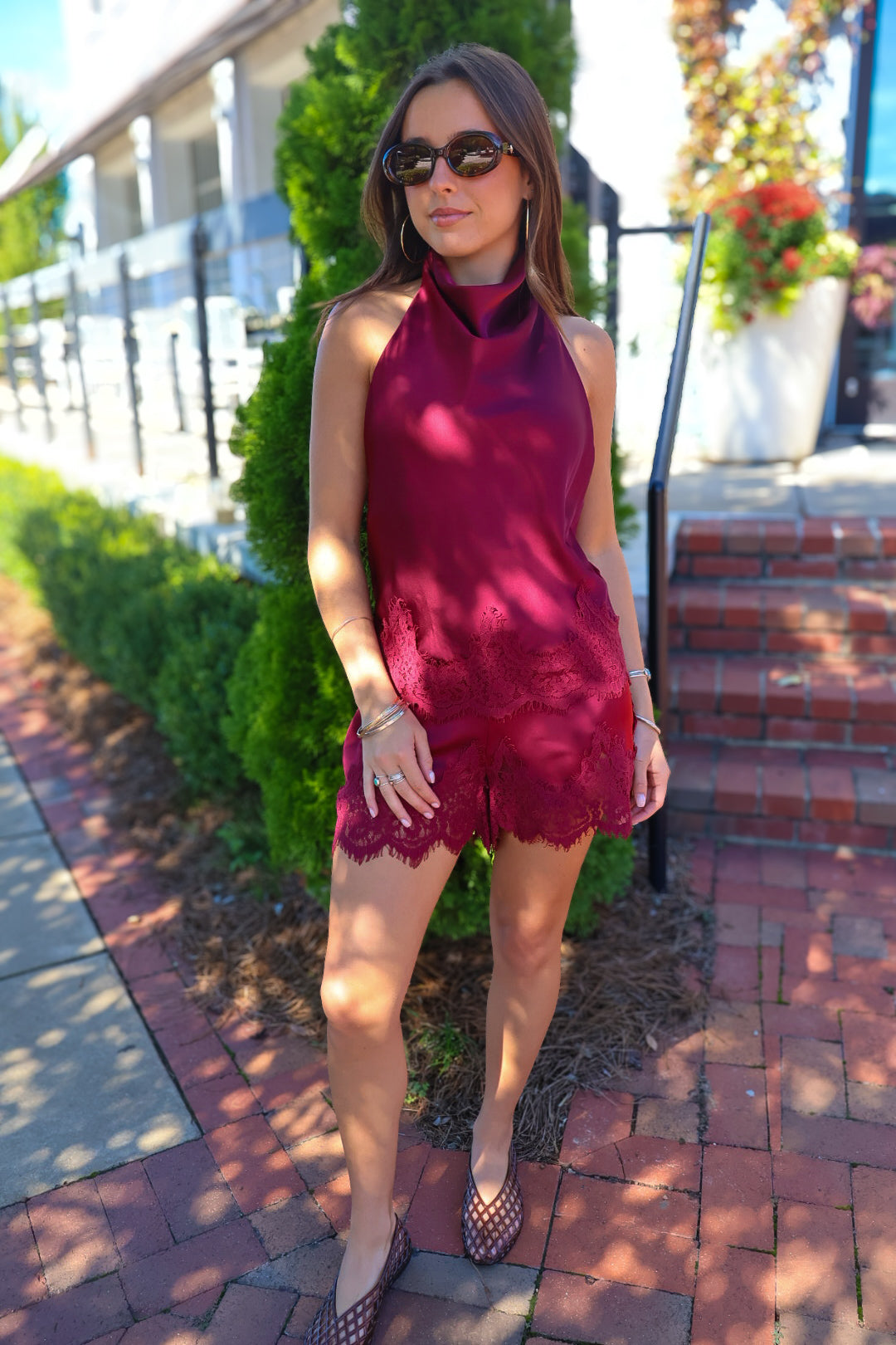 Burgundy Satin Low Back Halter & Lace Trim Shorts Set