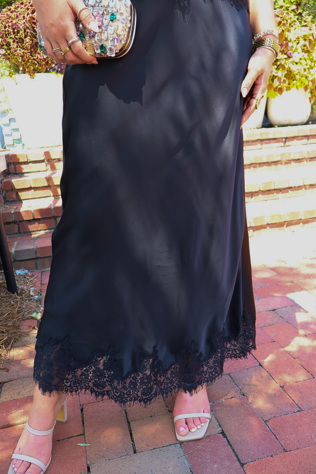 Black Satin Lace Trim Top & Skirt Set