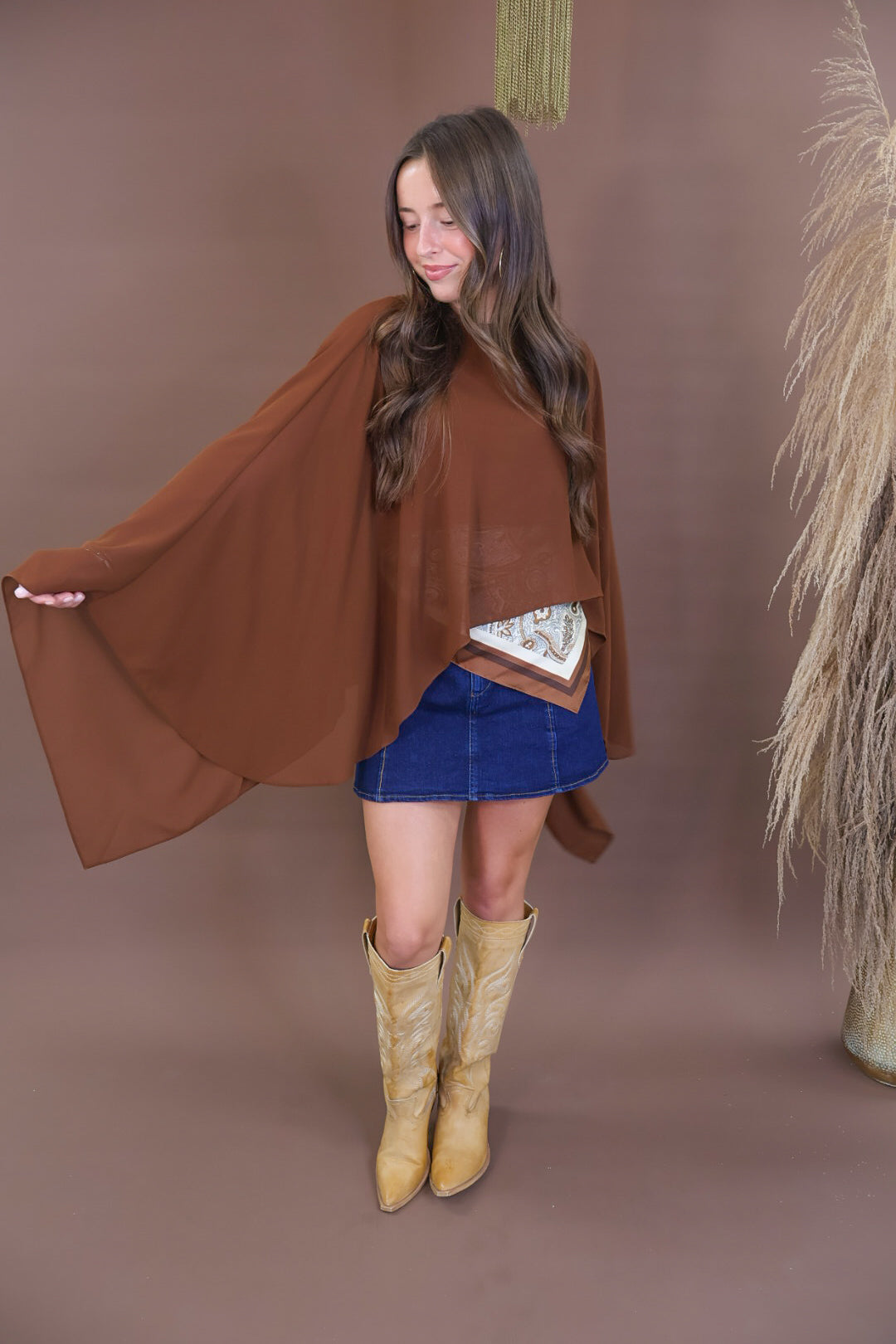 Chocolate Sheer Batwing Poncho Top with Cami