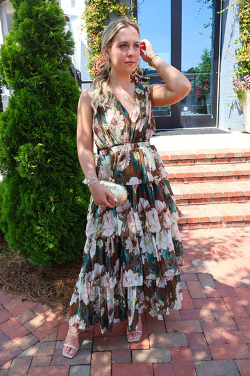 Brown Floral Tiered Maxi Dress