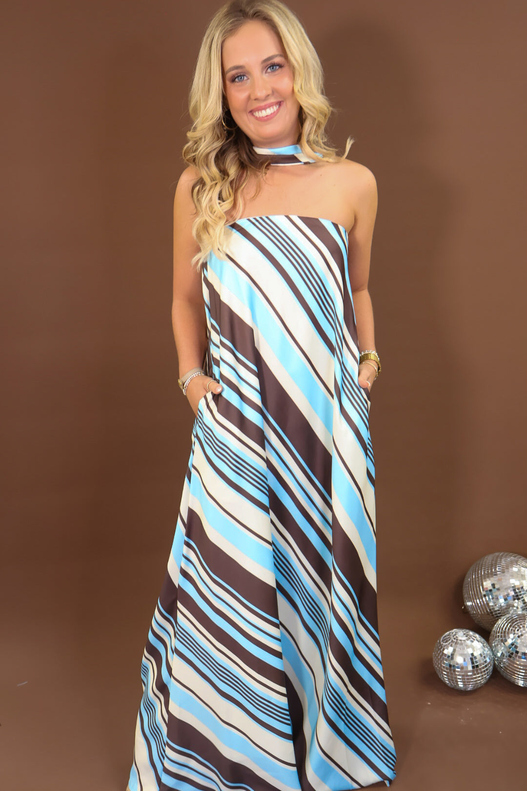 Blue & Brown Stripe Strapless Maxi Dress with Neck Scarf