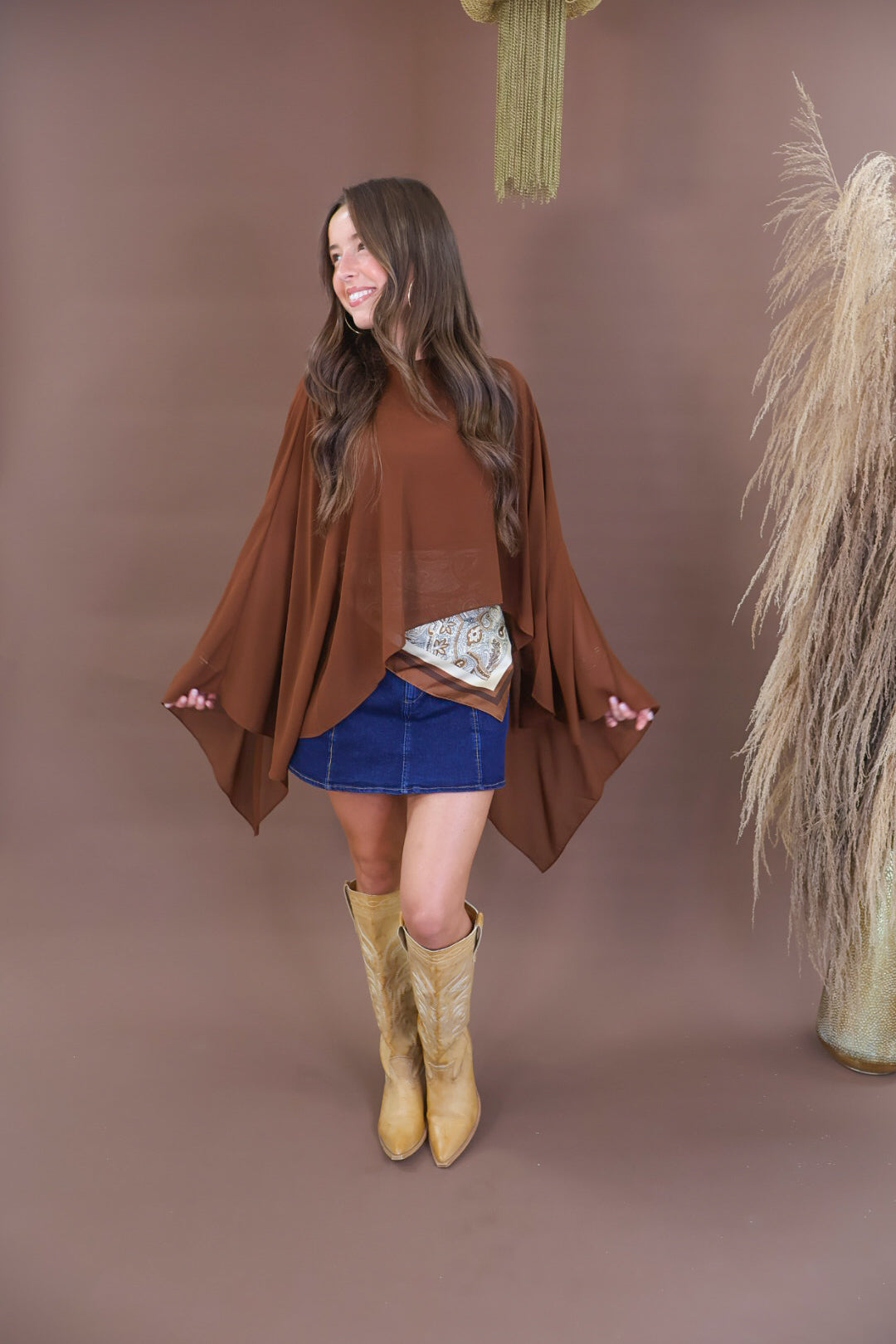Chocolate Sheer Batwing Poncho Top with Cami
