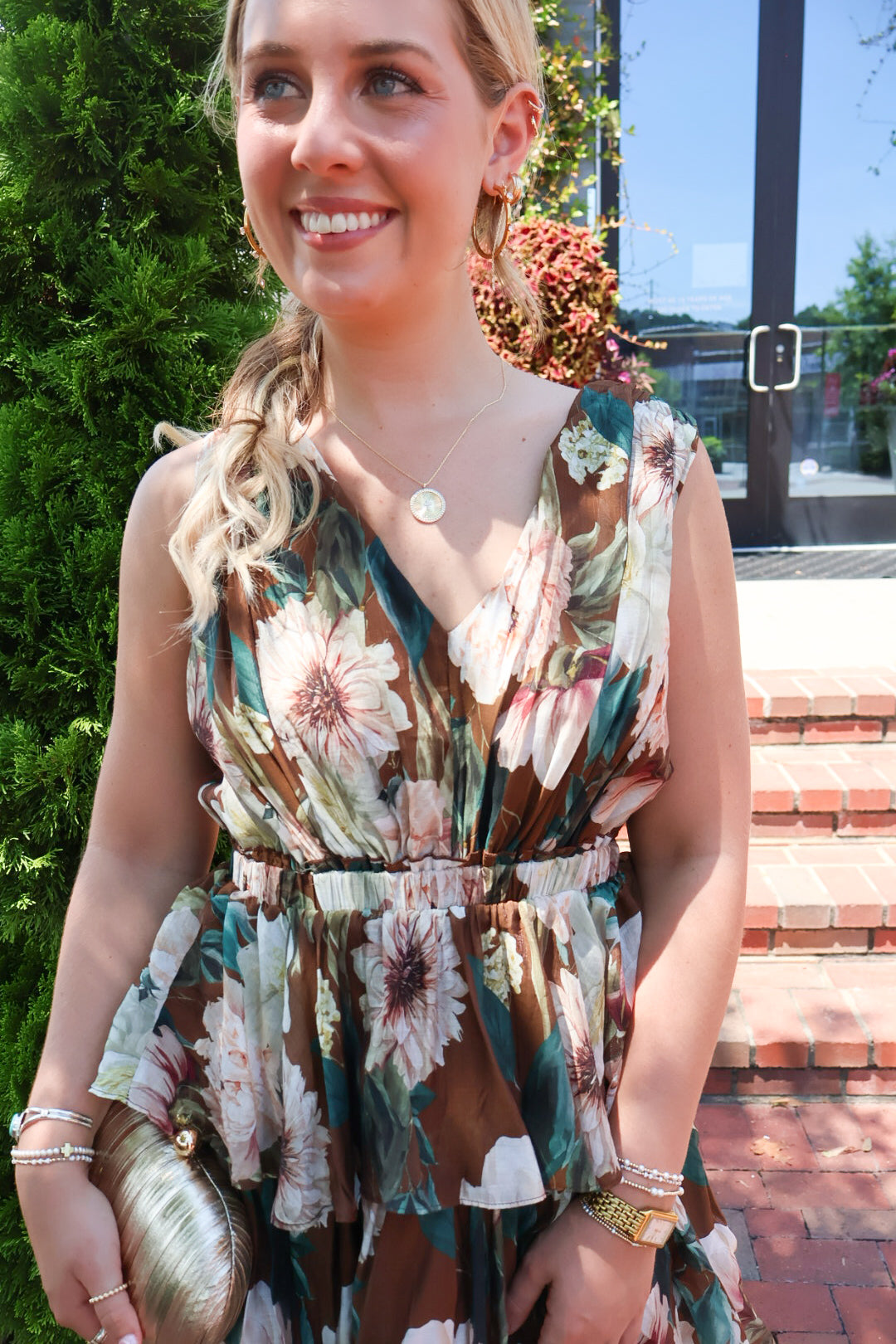 Brown Floral Tiered Maxi Dress