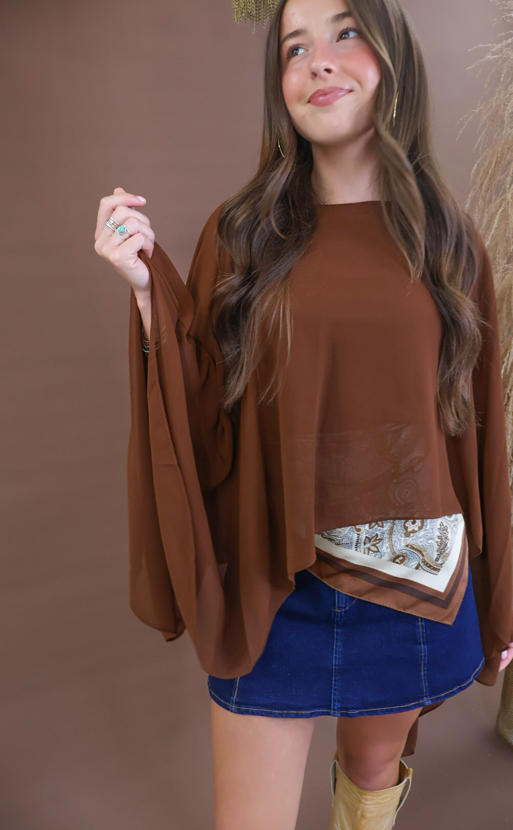 Chocolate Sheer Batwing Poncho Top with Cami