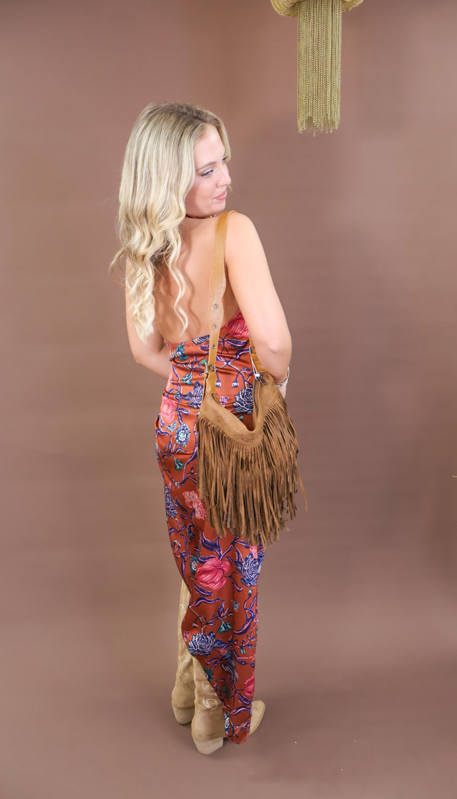 Rust Floral Satin Cowl Neck Maxi Dress
