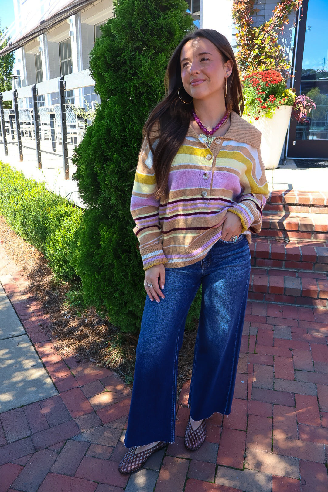 Multicolor Striped Henley Sweater