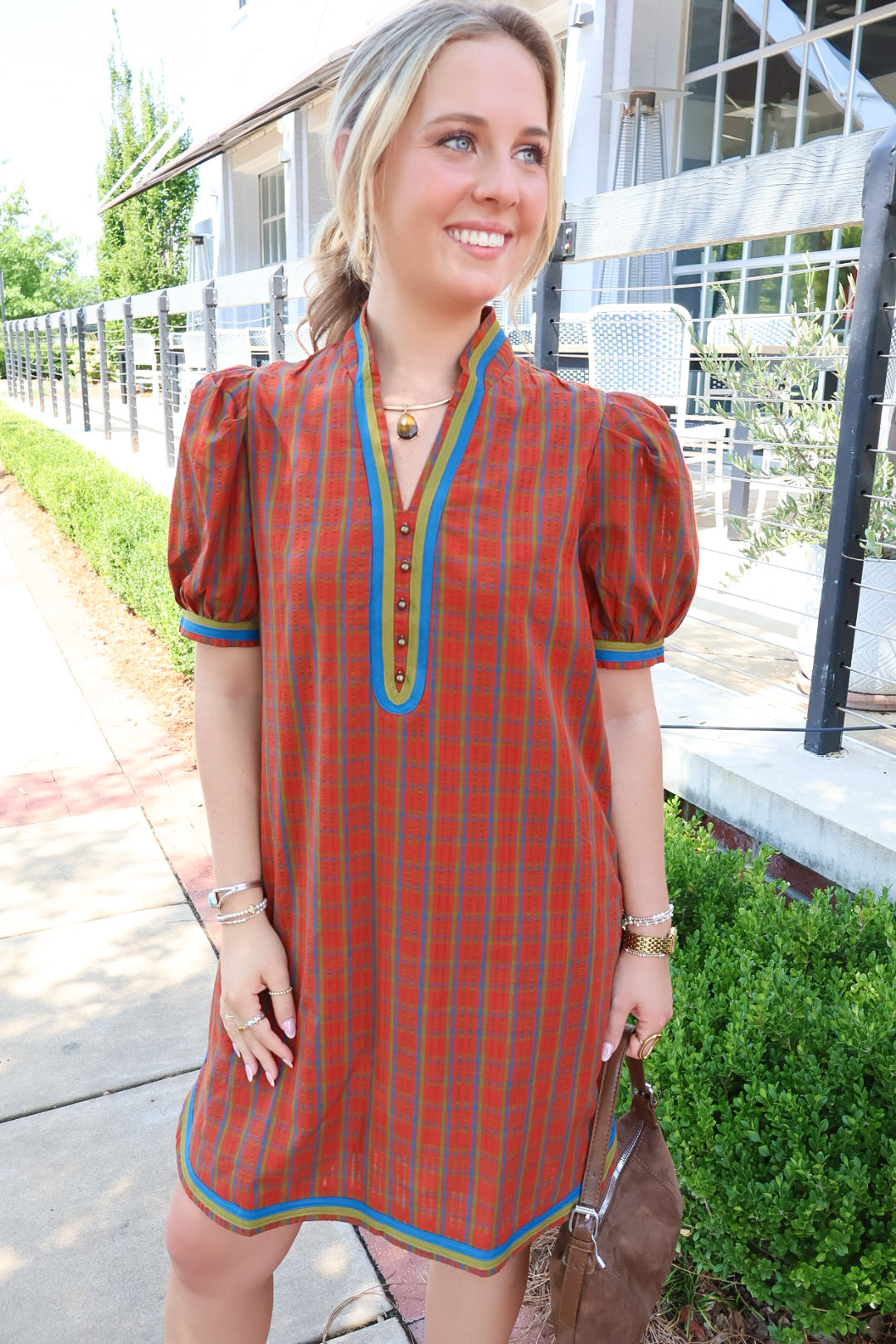 Rust Plaid Puff Sleeve Dress