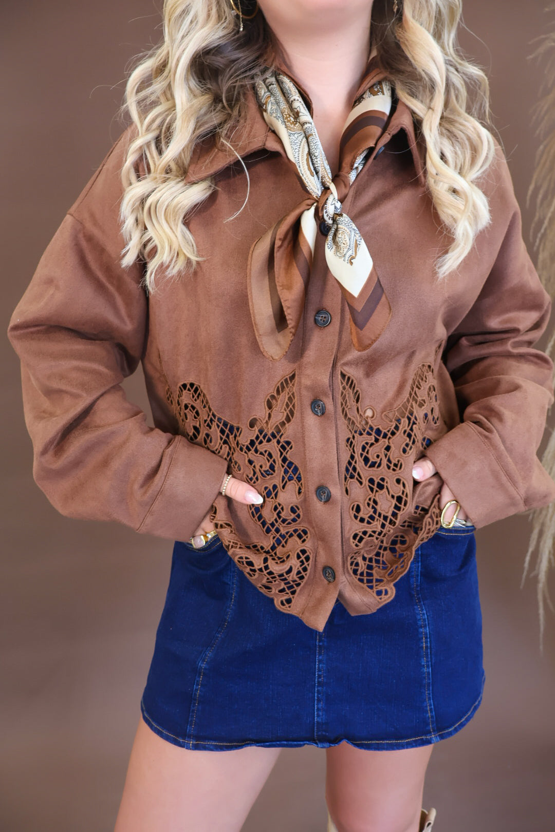 Chocolate Faux Suede Cutout Shirt Jacket