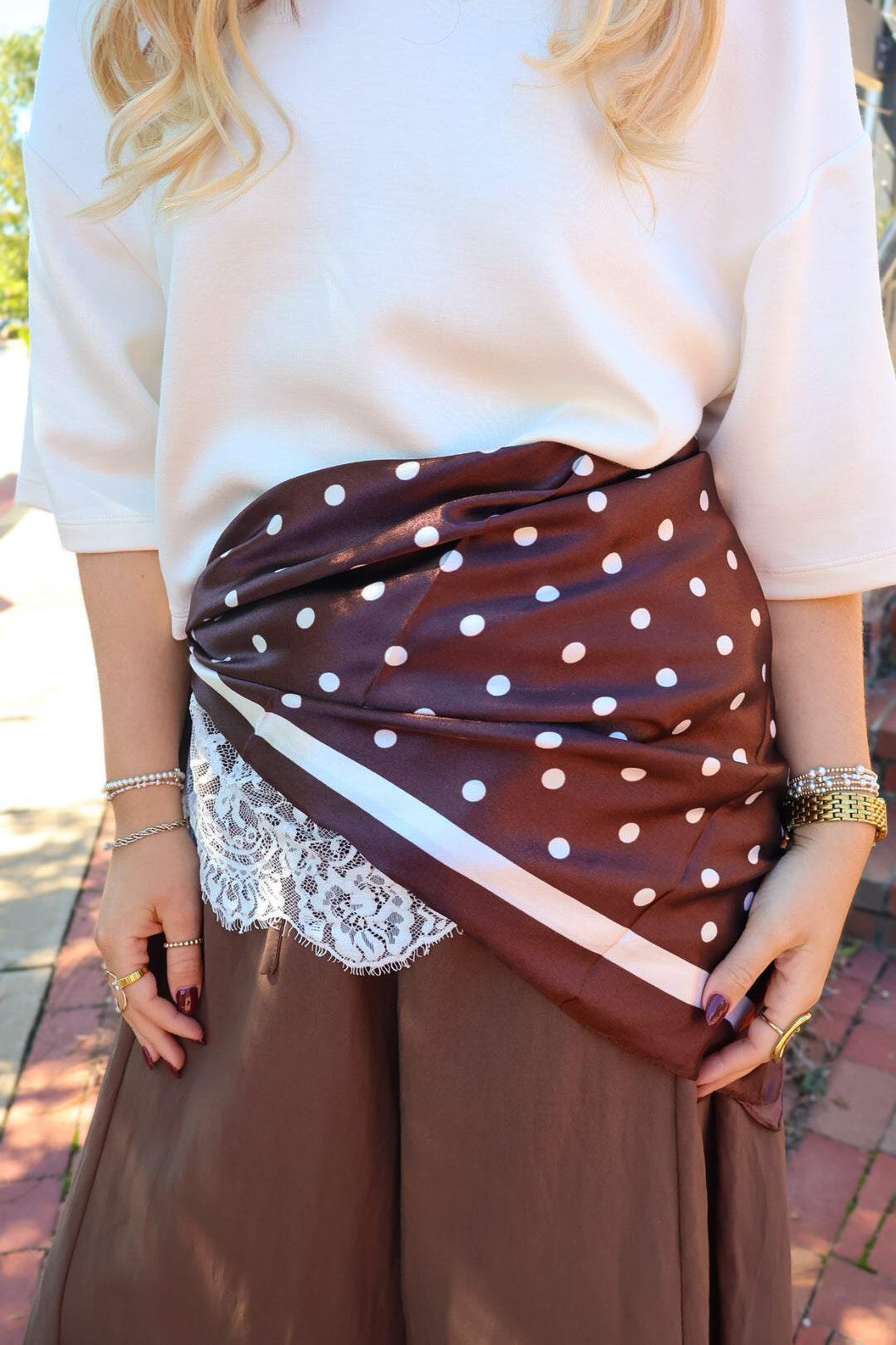 Brown & White Polka Dot Satin Square Scarf