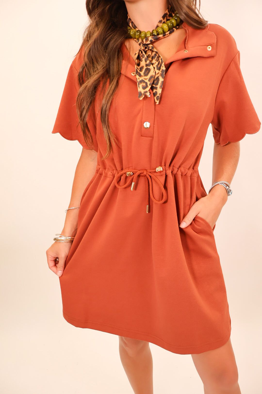 Rust Scallop Sleeve Snap Dress