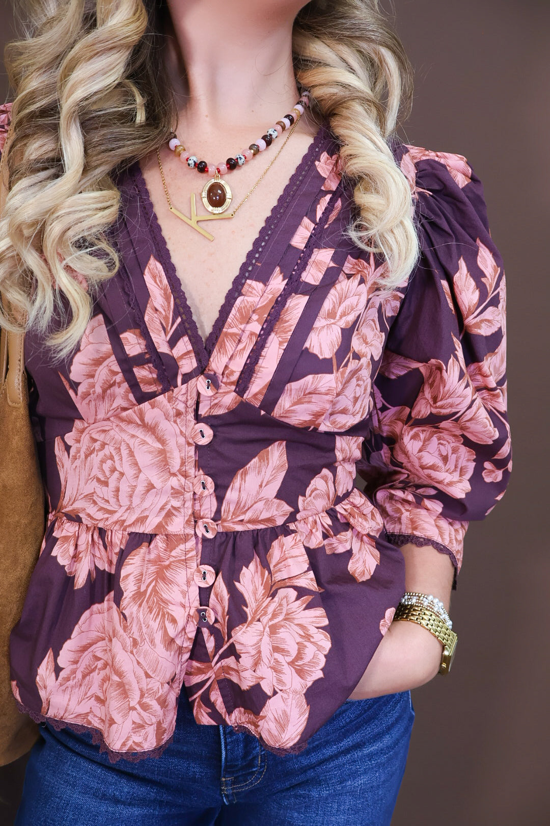 Wine Pink Floral V Neck Top