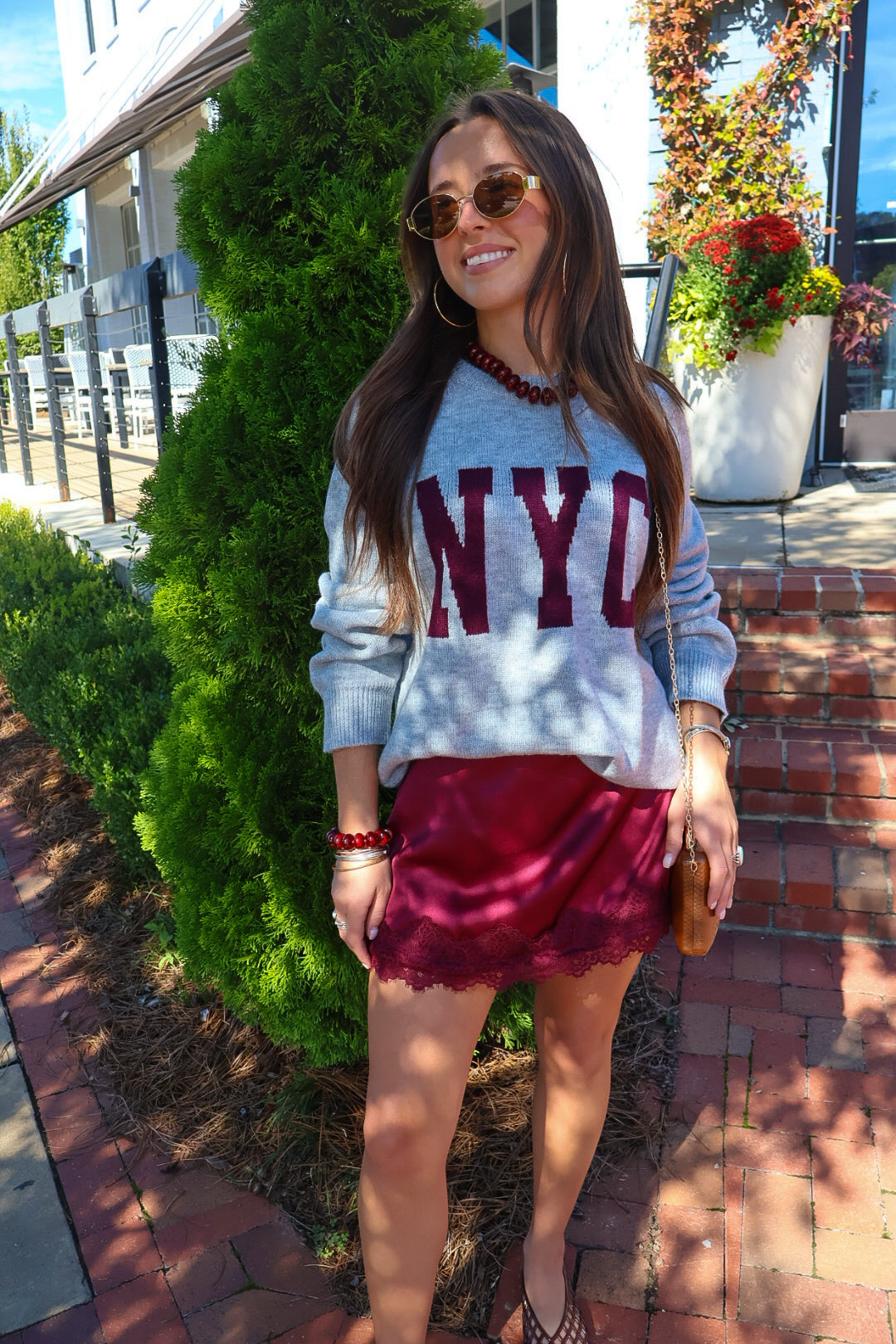 Wine Satin Lace Trim Mini Skirt With Built-In Shorts