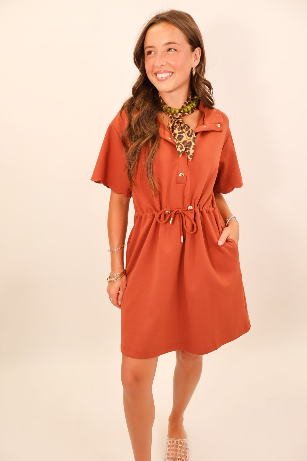 Rust Scallop Sleeve Snap Dress