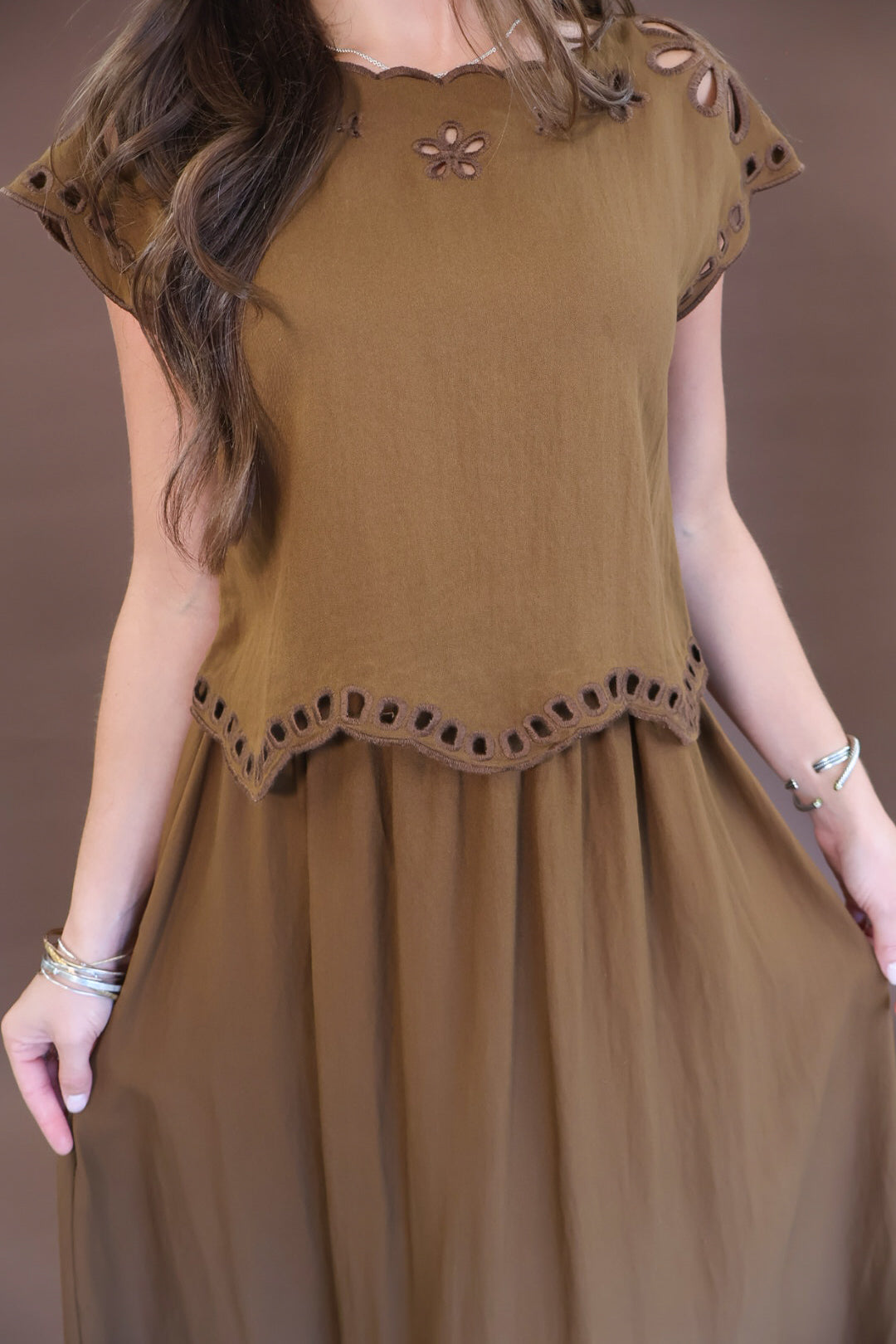 Chocolate Eyelet Cutout Boxy Top & Skirt Set