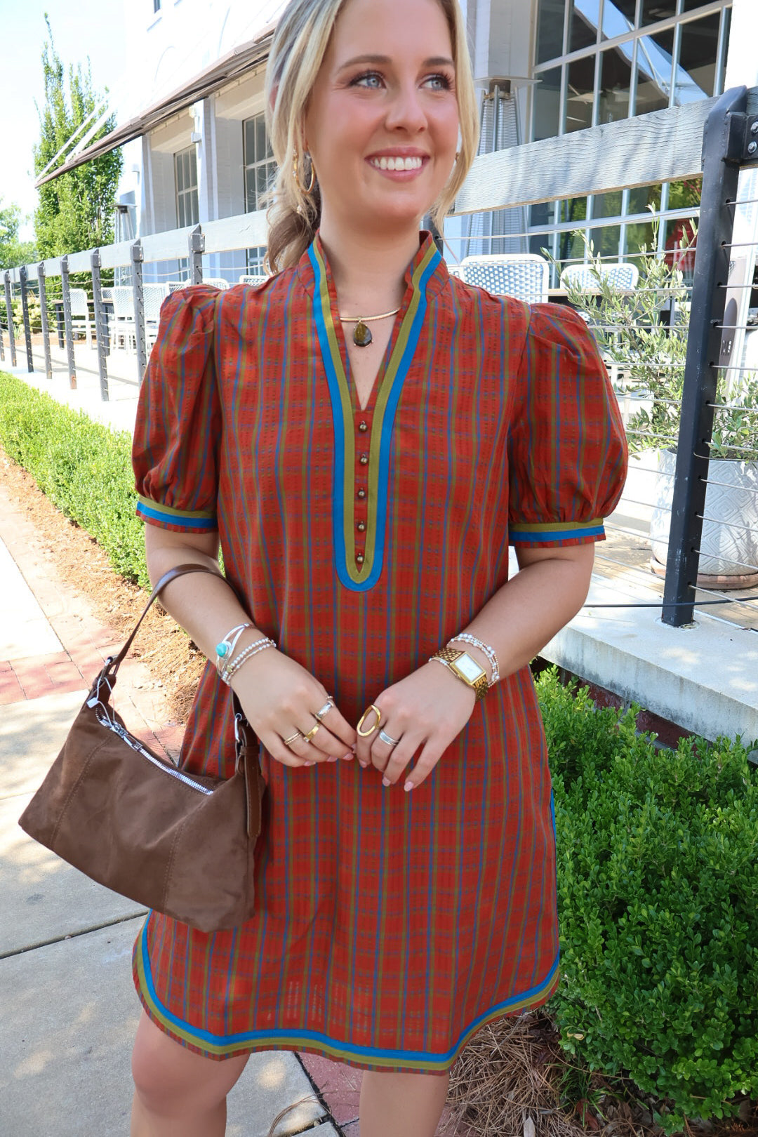 Rust Plaid Puff Sleeve Dress