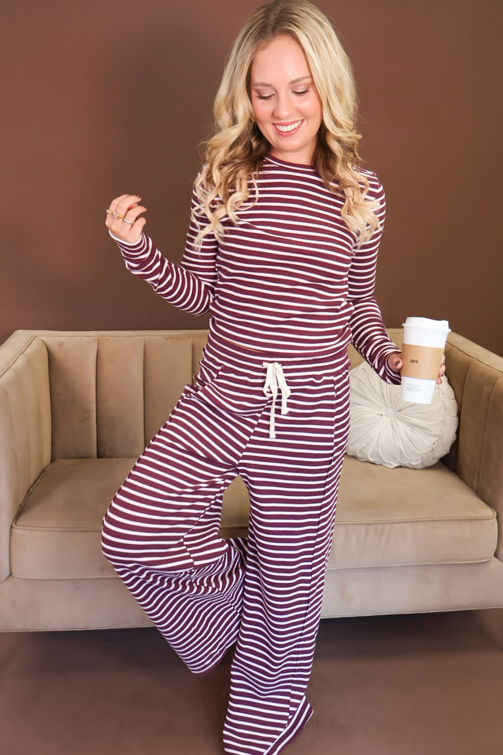 Plum Striped Rib Knit Top & Pants Set