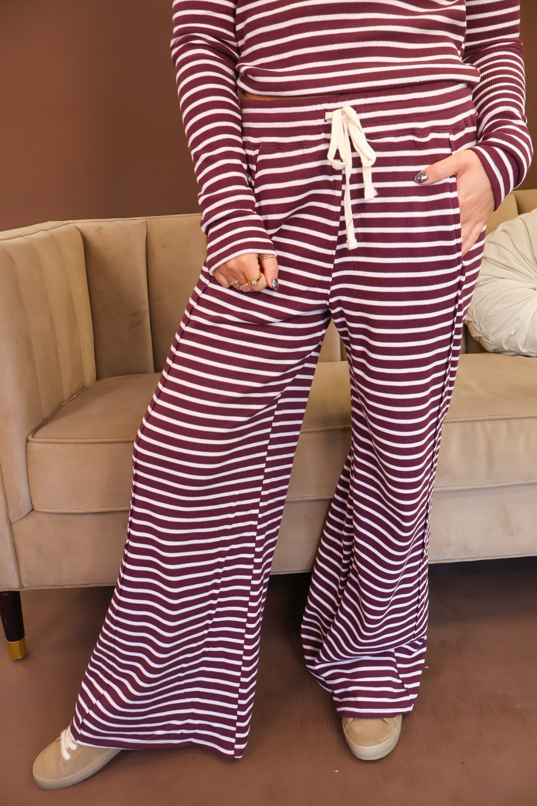 Plum Striped Rib Knit Top & Pants Set