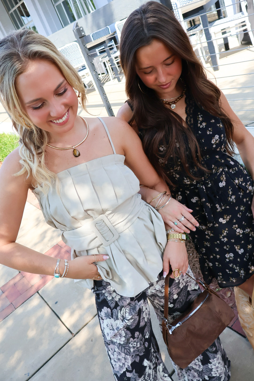 Tan Buckle Front Pleated Sleeveless Top