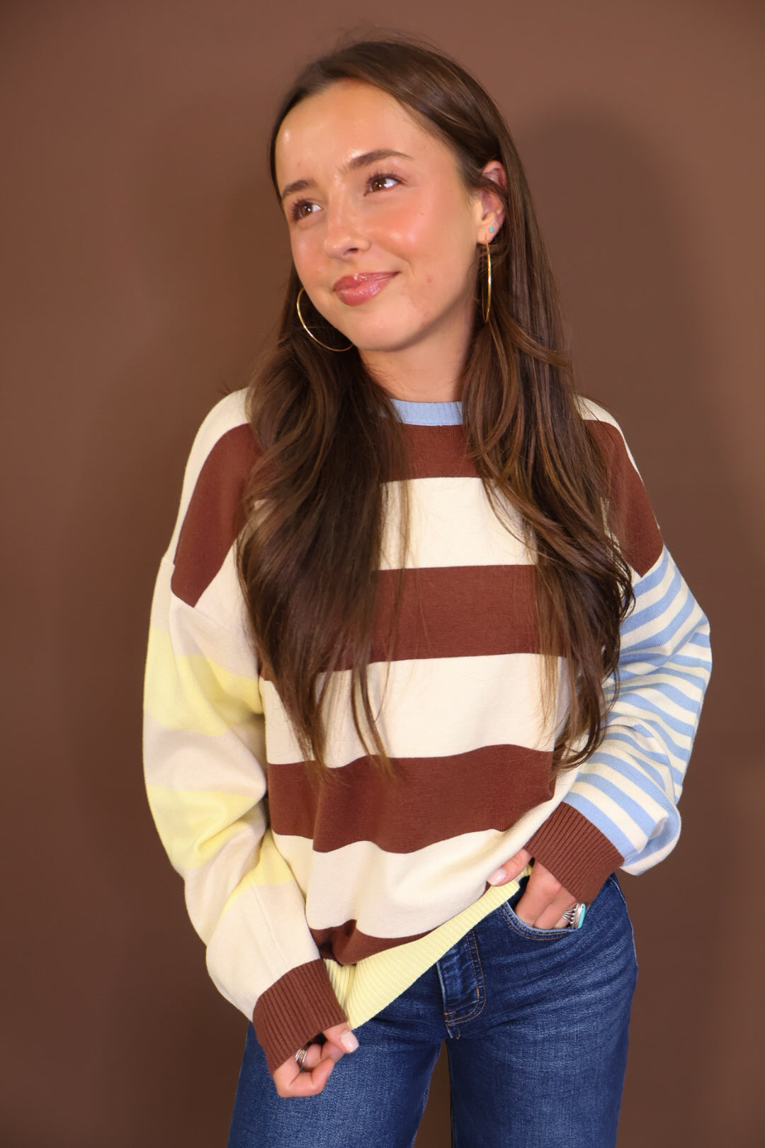 Brown & Cream Mixed Stripe Lightweight Sweater