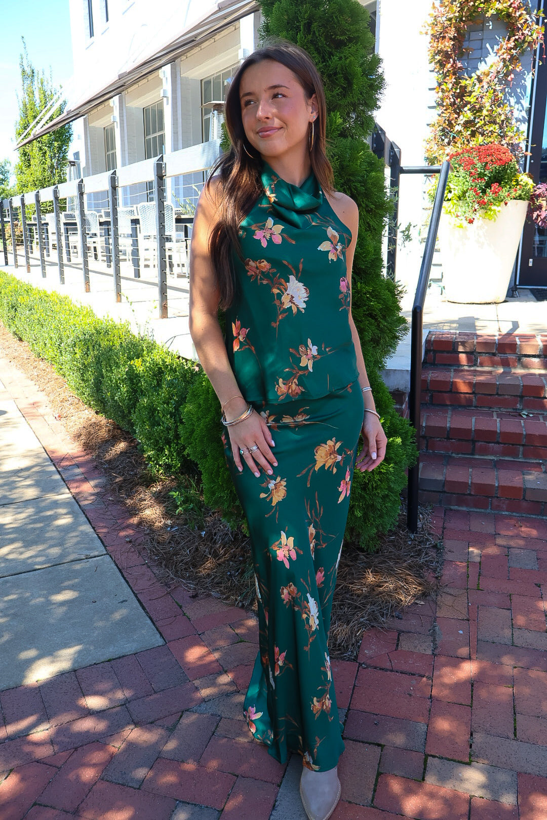 Green Floral Satin Halter Top & Midi Skirt Set