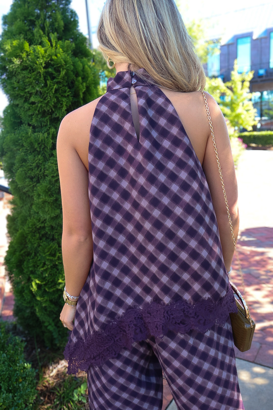 Plum Plaid Asymmetrical Top & Wide Leg Pants Set