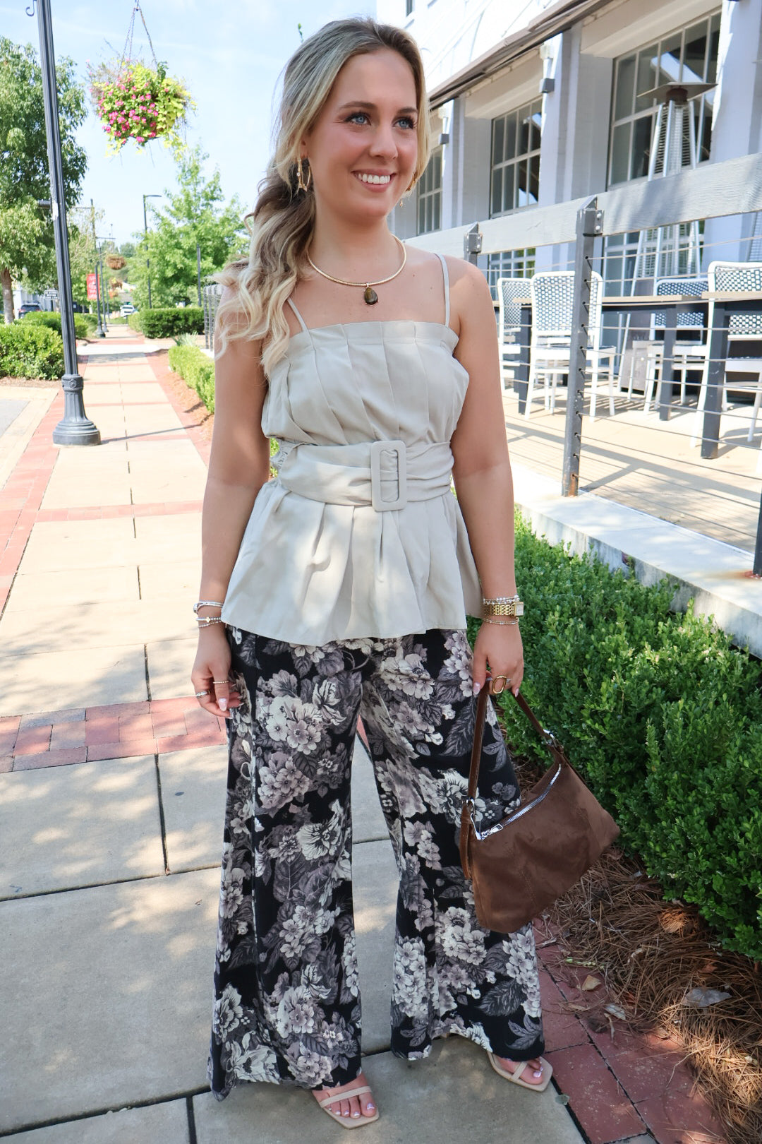 Tan Buckle Front Pleated Sleeveless Top
