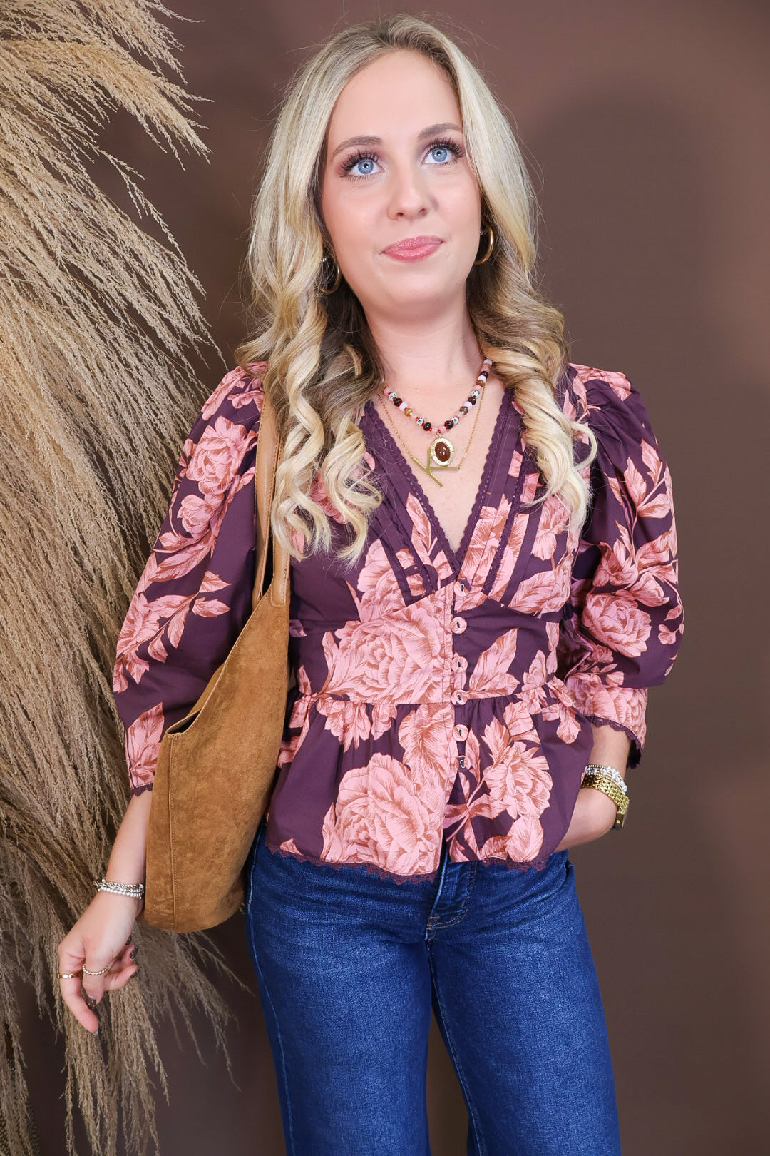Wine Pink Floral V Neck Top