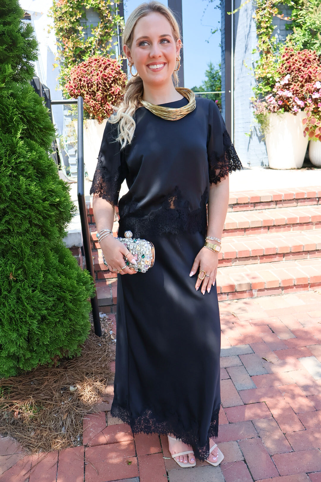 Black Satin Lace Trim Top & Skirt Set